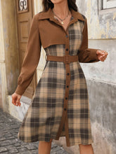 Button Front Plaid Long Sleeve Dress Brown / S